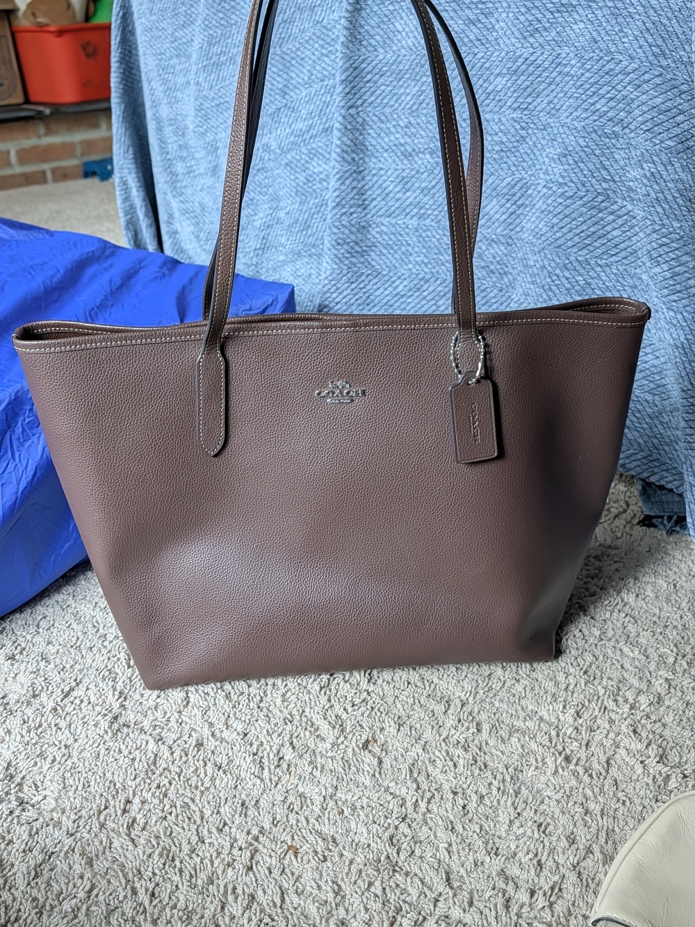 Coach Dark Brown Pebbled Leather Tote with Logo Tag